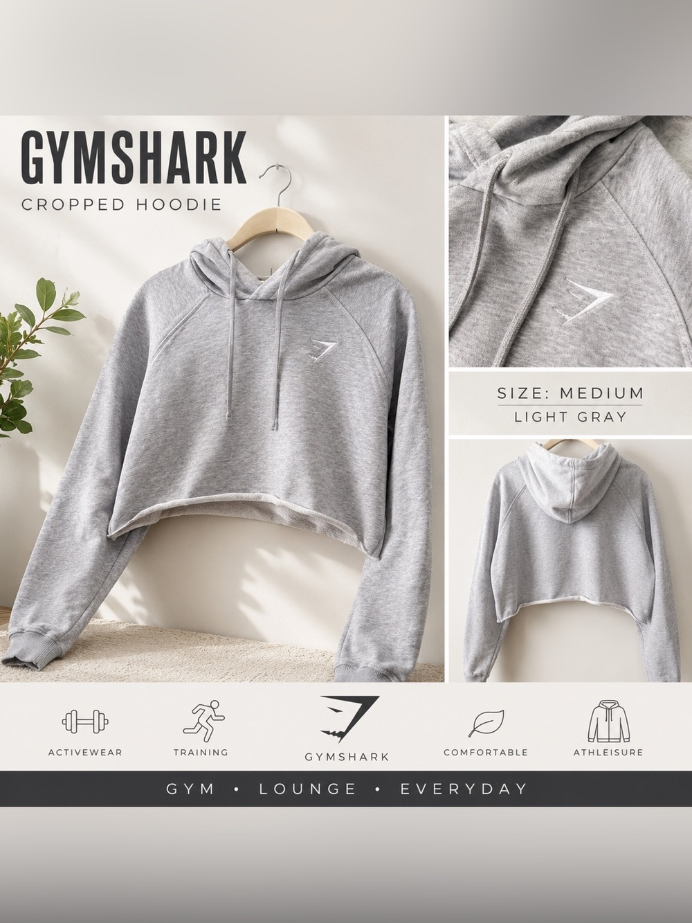 Gymshark Training Cropped Hoodie – Women’s Medium – Light Gray Sweatshirt - Picture 11 of 11